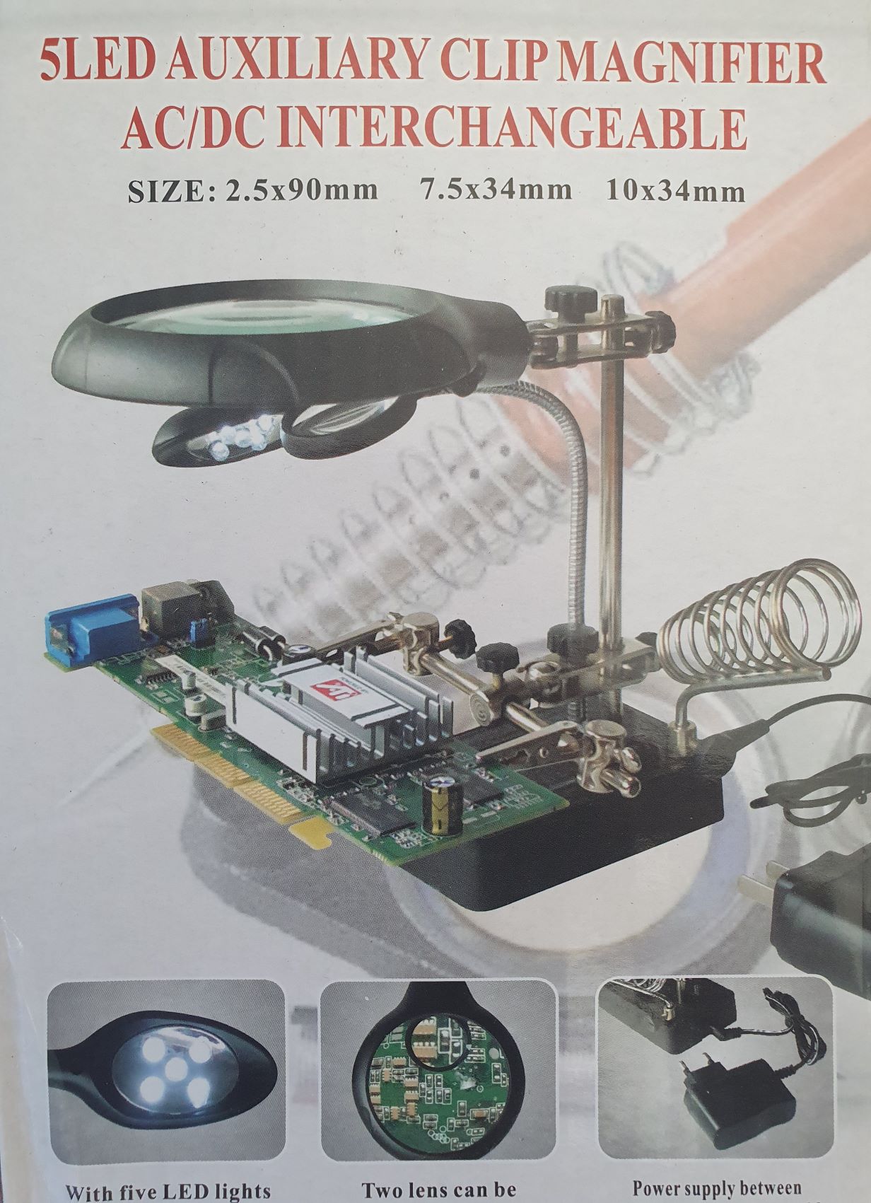 (image for) Helping Hand 5Led 2 Auxiliary Clip Magnifier 90mm (DYN500)